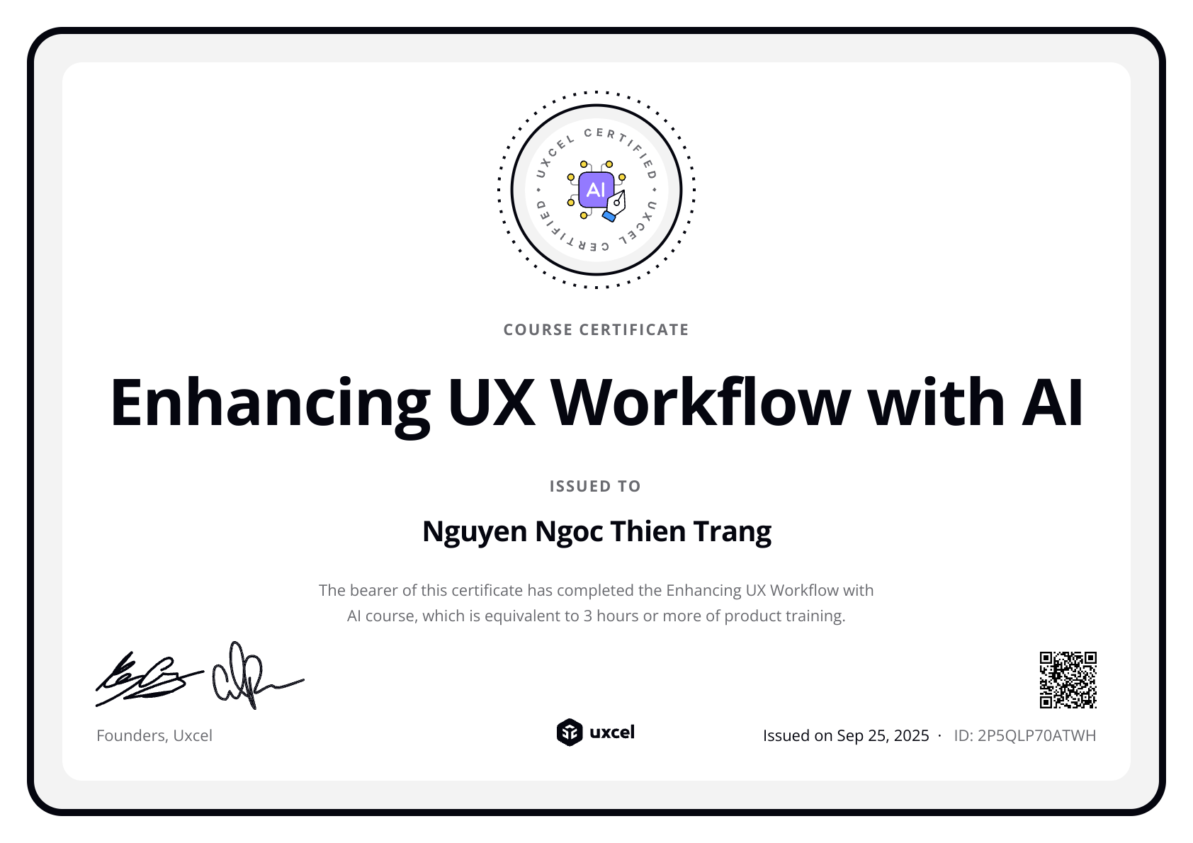 Nguyen Ngoc Thien Trang's certificate